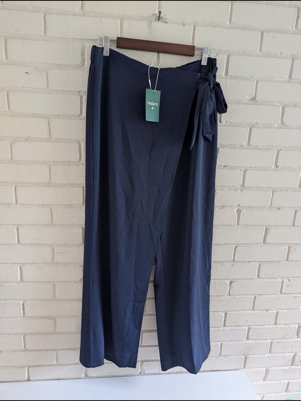 HALARA L Reg High Waist Tie Side Wide Leg Work Pants Peacock Navy Blue